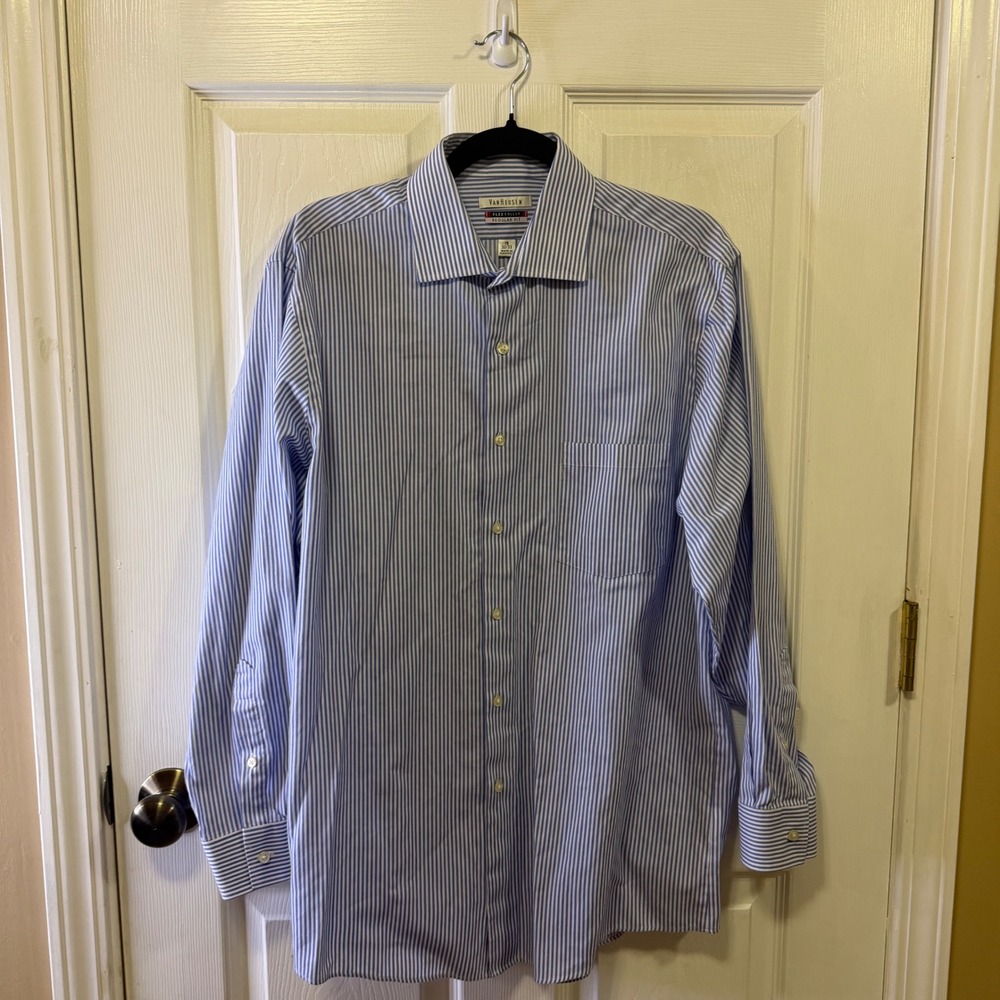 Van Heusen Mens Regular Fit Blue White Striped Flex Collar Dress Shirt 16 32/33